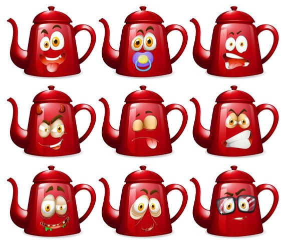 Red teapots with facial expressions vector