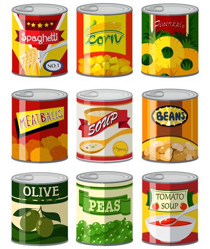 Different types of food in can vector