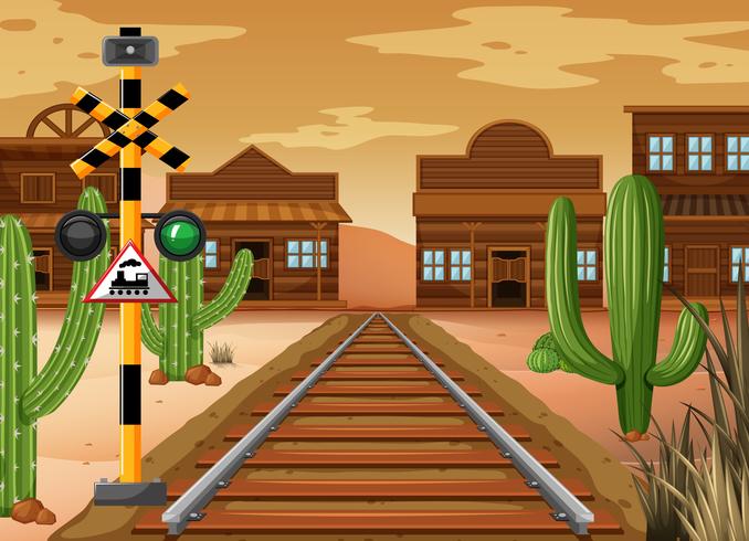 Escena con la vía del tren en la ciudad occidental vector