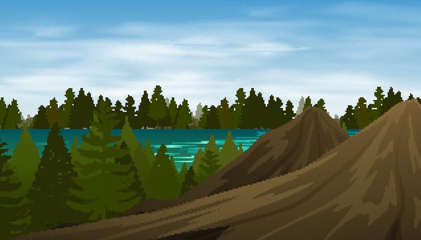 Bosque de escena de fondo en la montaña vector