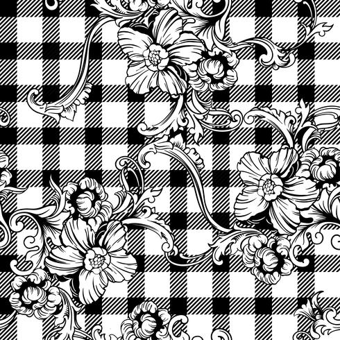 Eclectic fabric plaid seamless pattern with baroque ornament. vector