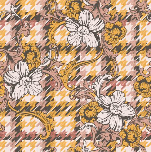 Eclectic fabric plaid seamless pattern with baroque ornament. vector