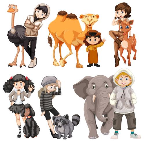 Conjunto de personas y animales. vector