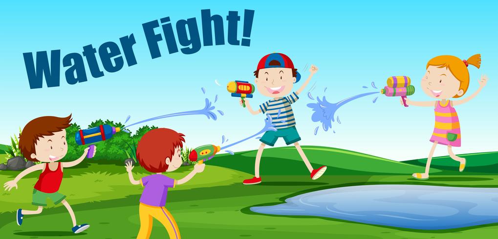 Children having a water fight vector