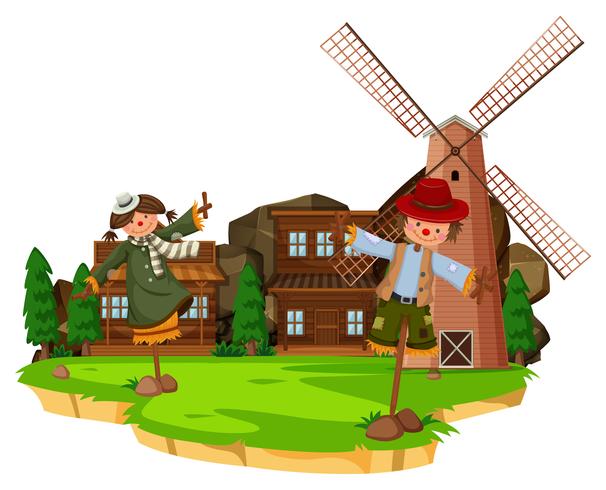 Western farm scene with scarecrows and windmill vector