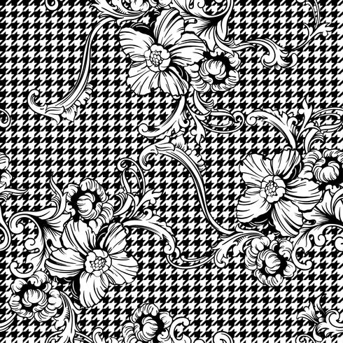 Eclectic fabric plaid seamless pattern with baroque ornament. vector