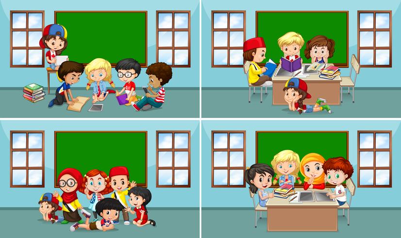 Children working in the classroom vector