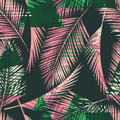 Seamless exotic pattern with tropical plants and geometric background. vector