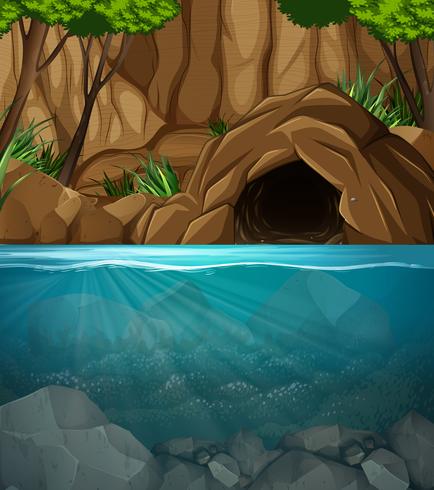 Underwater cave landscape scene vector