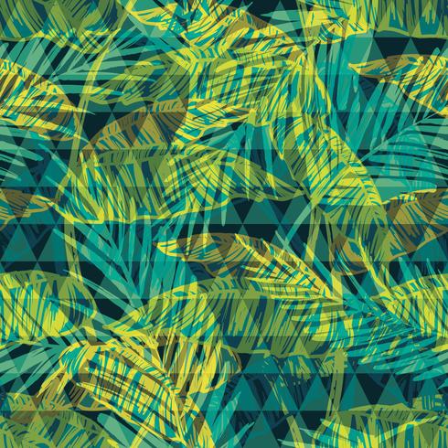 Seamless exotic pattern with palm on geometric background. vector