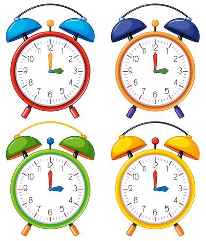 Four alarm clocks with different time vector