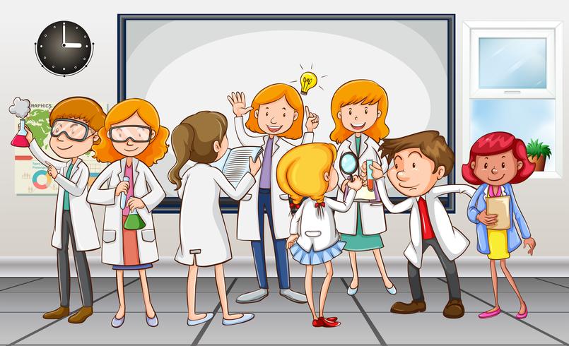 Scientists and teacher in the classroom vector