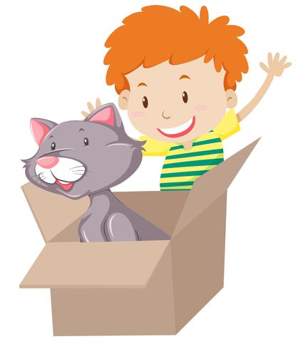 Los niños juegan con el gato en la caja. vector