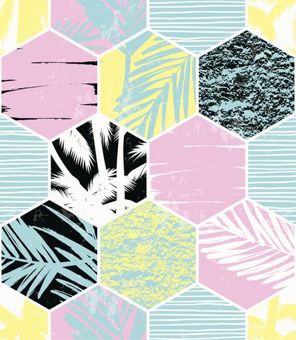 Seamless exotic pattern with palm leaves on geometric background vector