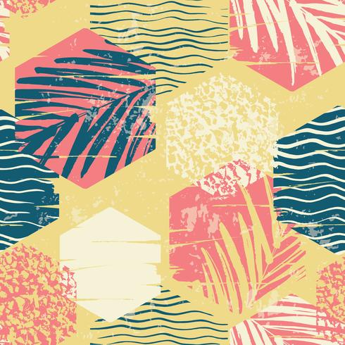 Seamless exotic pattern with palm leaves on geometric background vector