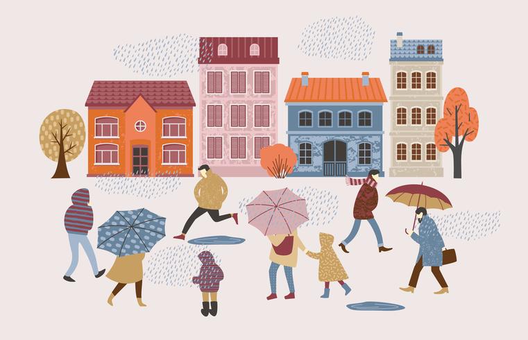 Vector illustration of people in the rain. Autumn mood.