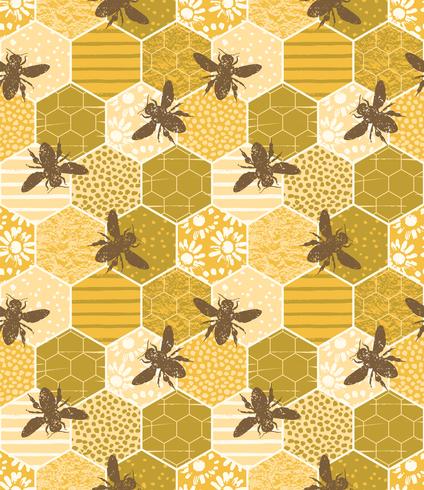 Seamless geometric pattern with bee. Modern abstract honey design. vector