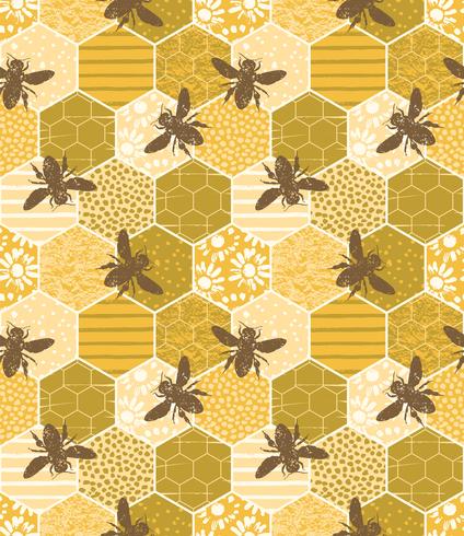 Seamless geometric pattern with bee. Modern abstract honey design. vector