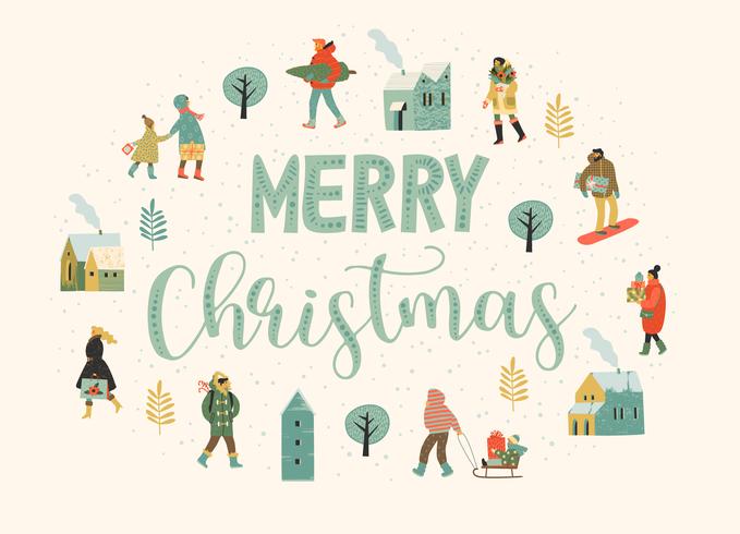 Christmas and Happy New Year illustration whit people. Trendy retro style. vector