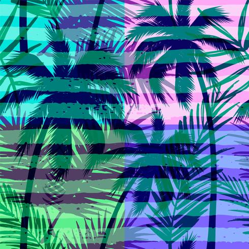 Seamless exotic pattern with tropical palm on geometric background in bright color. vector
