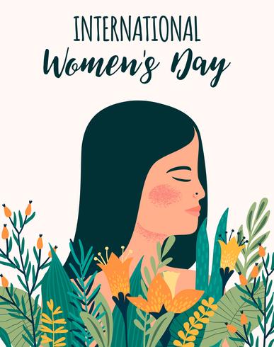 Día Internacional de la Mujer. Plantilla de vector con metis mujer y flores