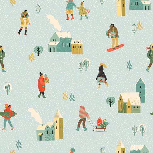 Christmas and Happy New Year seamless pattern whit people. Trendy retro style. vector