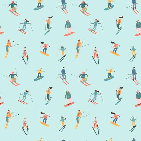 Vector illustration of skiers and snowboarders. Seamless pattern.