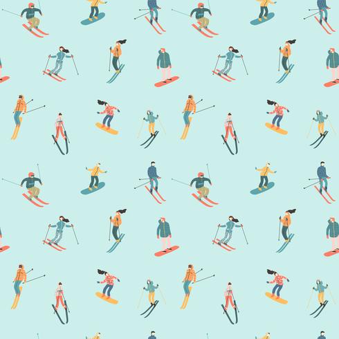 Vector illustration of skiers and snowboarders. Seamless pattern.