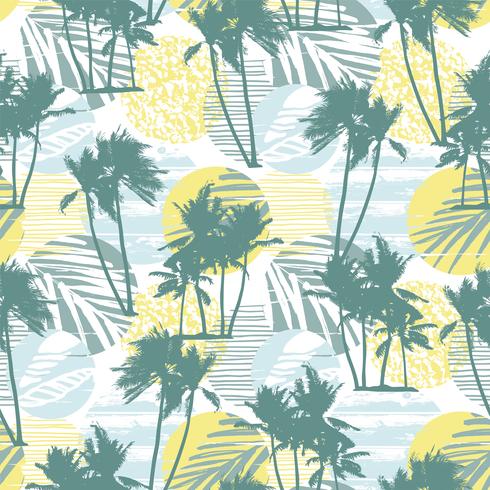 Seamless exotic pattern with tropical palms and geometric background. vector