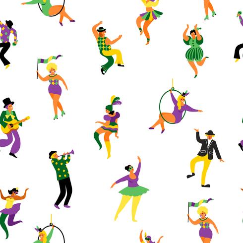 Mardi Gras. Patrón sin fisuras con divertidos hombres y mujeres bailando en trajes brillantes vector
