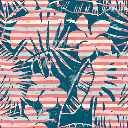 Seamless exotic pattern with tropical plants and stripes background. vector