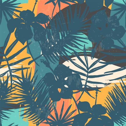 Seamless exotic pattern with tropical plants and artistic background. vector