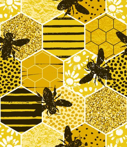 Seamless geometric pattern with bee. Modern abstract honey design. vector