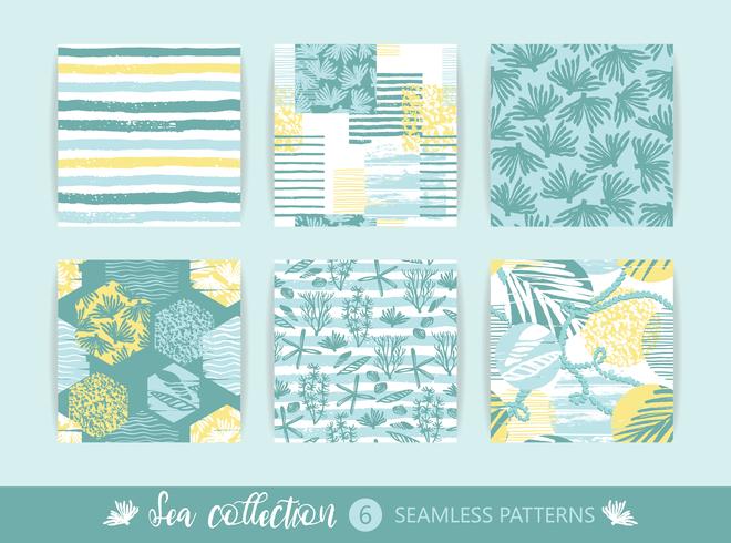 Set of Trendy sea seamless patterns with hand texture and geometric elements vector
