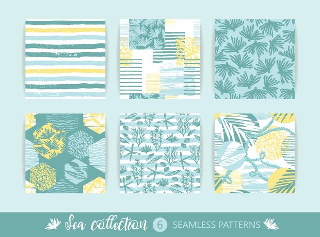 Set of Trendy sea seamless patterns with hand texture and geometric elements vector