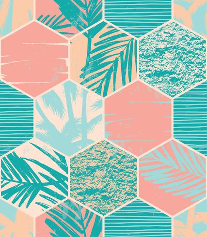 Seamless exotic pattern with palm leaves on geometric background vector