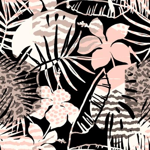 Trendy seamless exotic pattern with palm, animal prints and hand drawn textures. vector