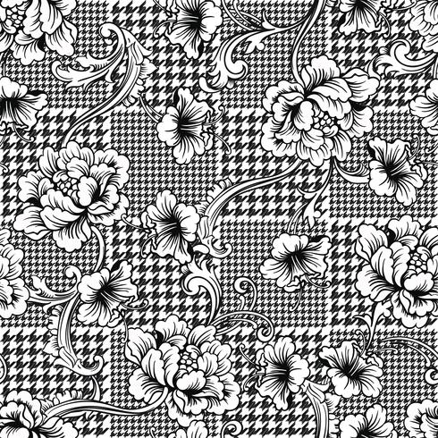 Eclectic fabric plaid seamless pattern with baroque ornament. vector