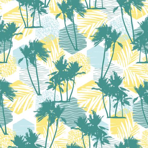 Seamless exotic pattern with tropical palms and geometric background. vector