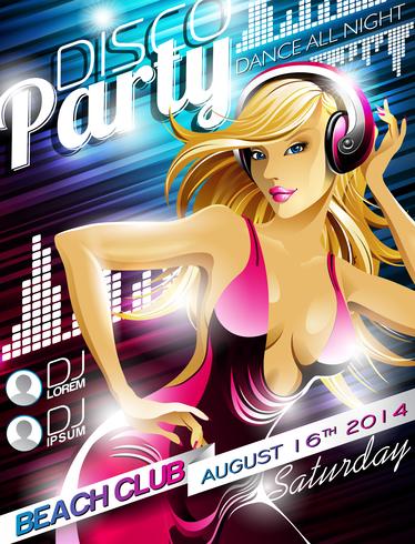 Vector Disco Party Flyer Design con sexy girl y auriculares