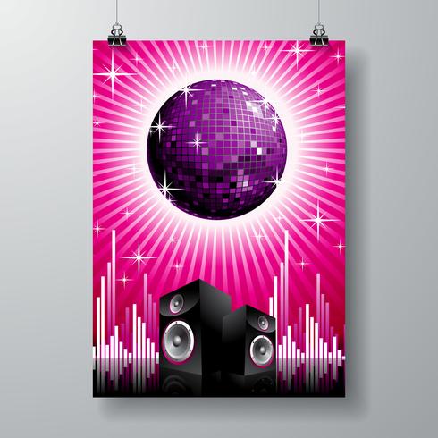 Ilustración vectorial para el tema musical con altavoces y bola de discoteca en el espacio de texto. vector