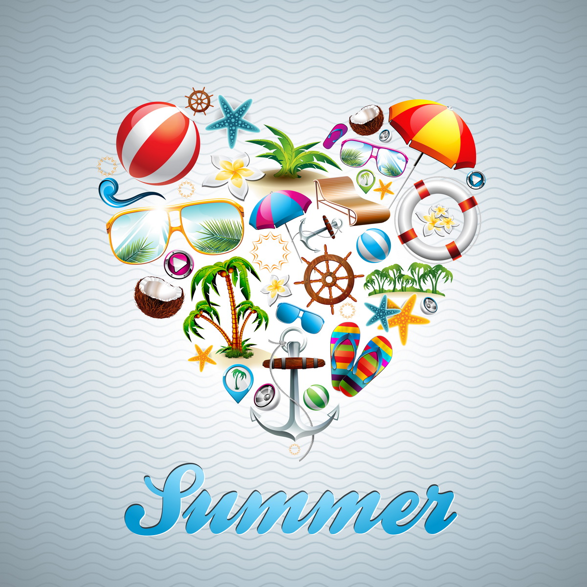 Love Heart Summer Holiday design set on wave background. Pro Vector