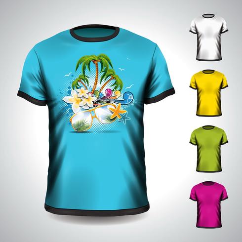 Camiseta en un tema de vacaciones de verano con palmera. vector