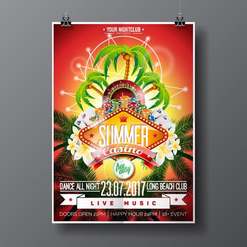 Diseño de Party Flyer sobre un tema de Casino con ruleta y tarjetas de juego vector