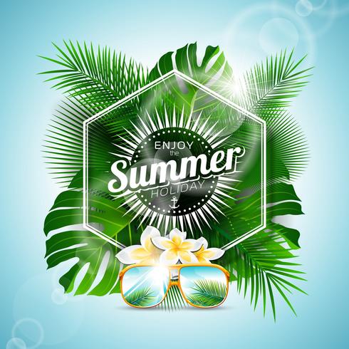 Enjoy the Summer Holiday typographic illustration with tropical plants and flowers vector