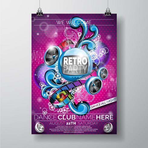 Vector Retro Party Flyer Design with speakers pink background.