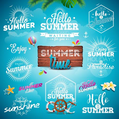 Summer Typography Illustration set with signs and symbols on blue background vector