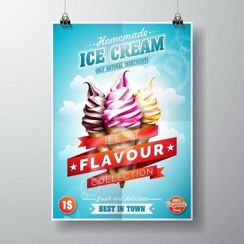 Vector delicioso helado Flyer diseño sobre fondo de cielo