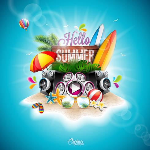 Vector Summer Time Holiday typographic illustration with surf board