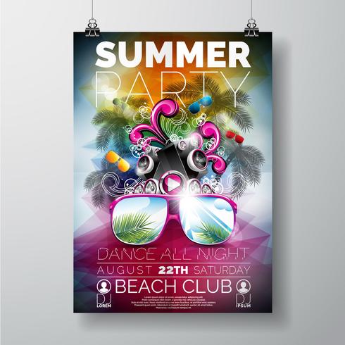 Vector Summer Beach Party Flyer Design con altavoces y gafas de sol